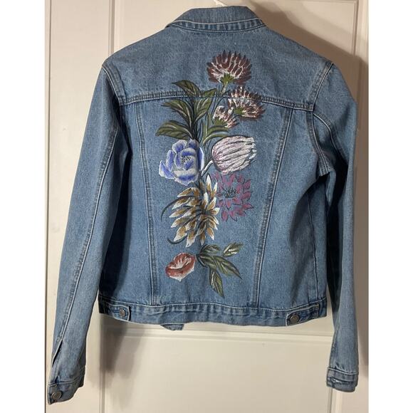 Glamorous Denim w/Hand-painted Floral Print Back Unique Denim Jacket S - Picture 2 of 6